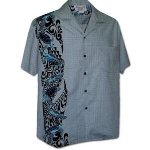 Pacific Legend Hawaiian Honu Single Panel Men's Aloha Shirts Slate Large